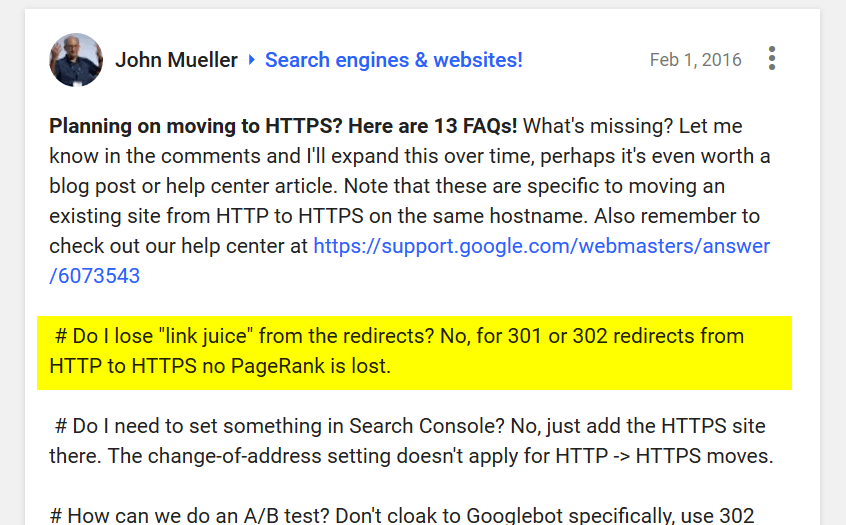 301 redirect loses no juice