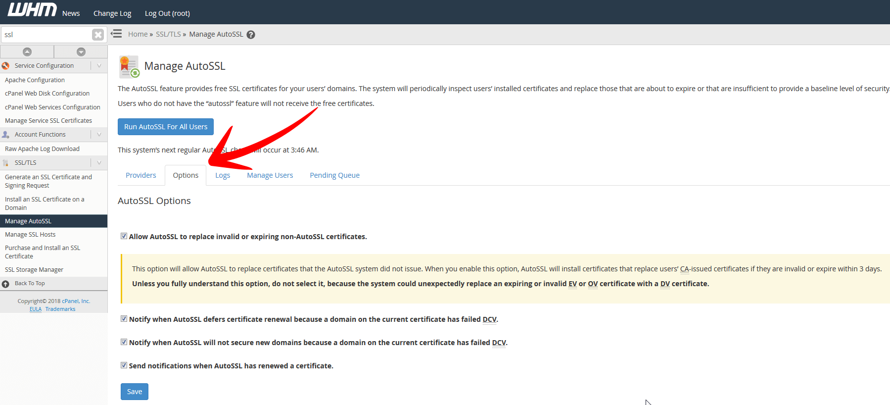 Manage AutoSSL Options