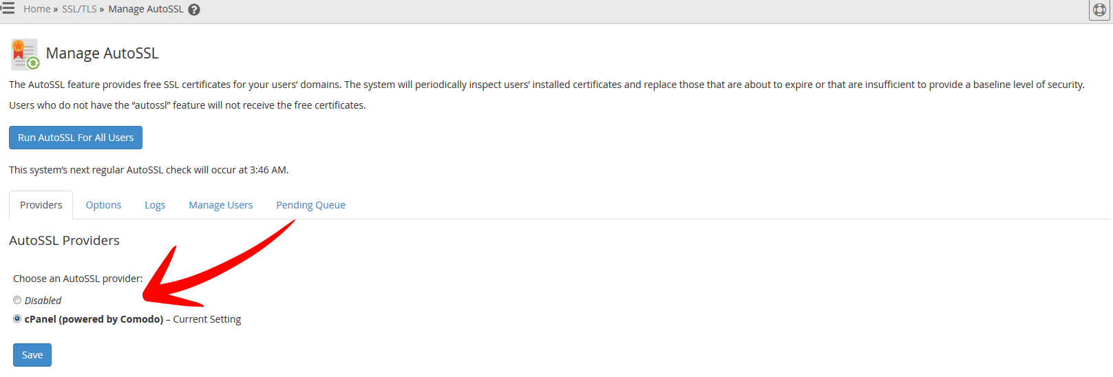 Manage AutoSSL Select SSL Provider